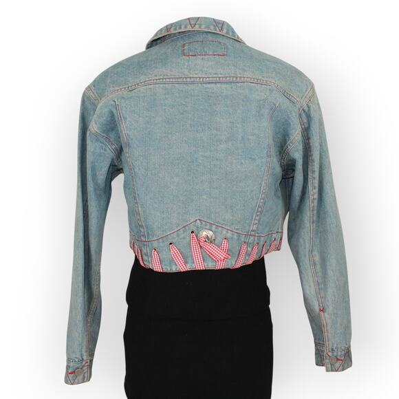 Vtg M/L HystericEtVous Crop Denim JeanJacket Western Gingham Red Cowgirl Light - Picture 4 of 14